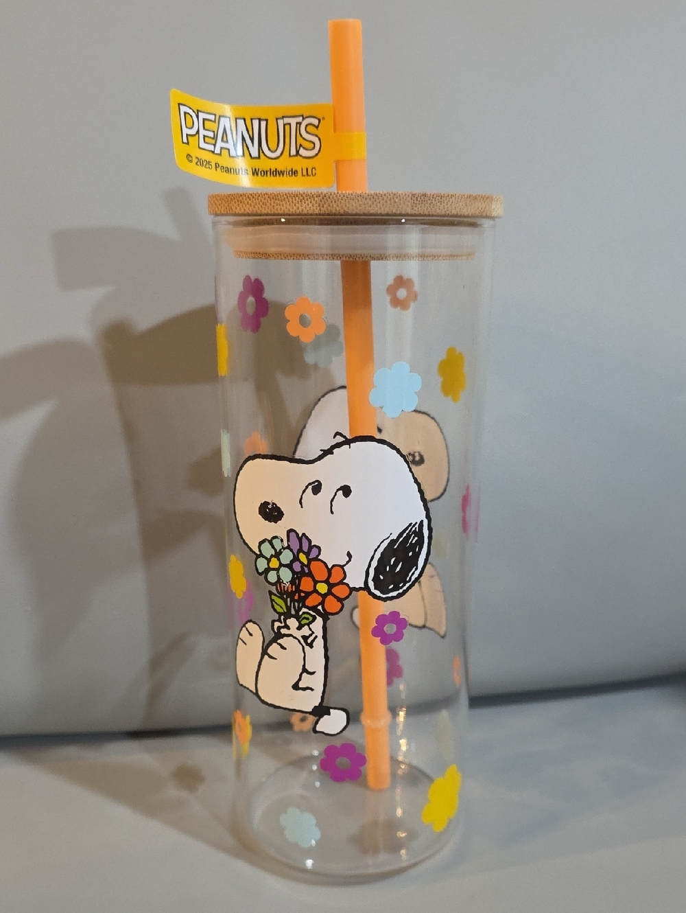 Peanuts Snoopy and Flowers Glass Tumbler With Straw And Bamboo Gasketed Lid NWT